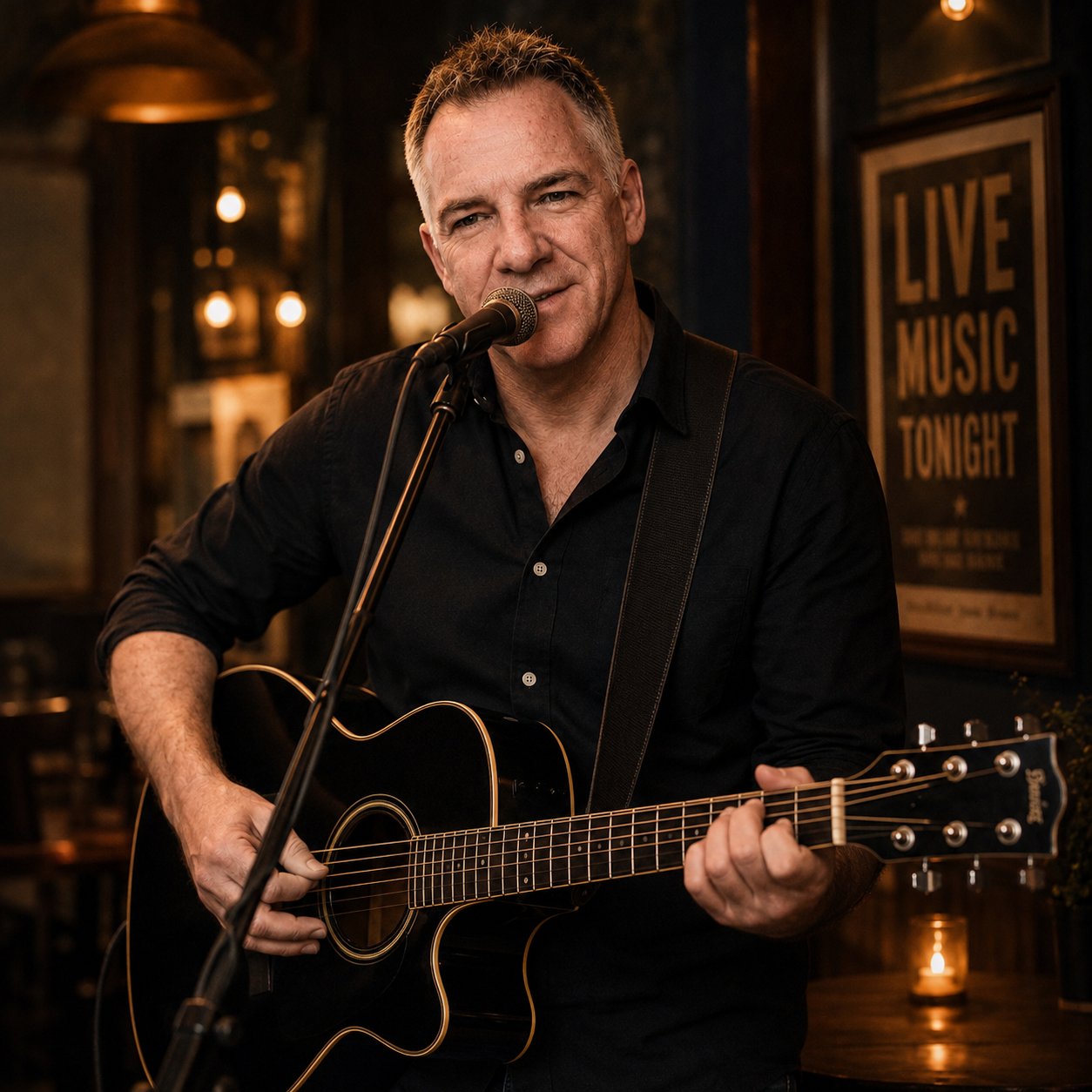 Merse singing and playing acoustic guitar in a pub